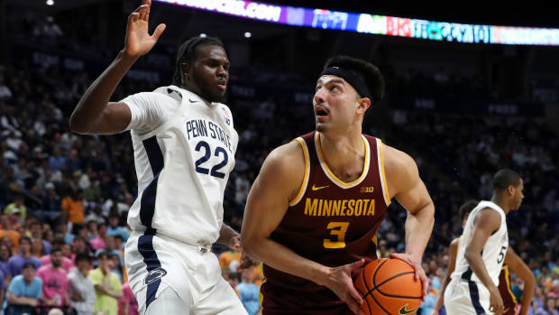 Dawson Garcia goes up for a shot against Penn State